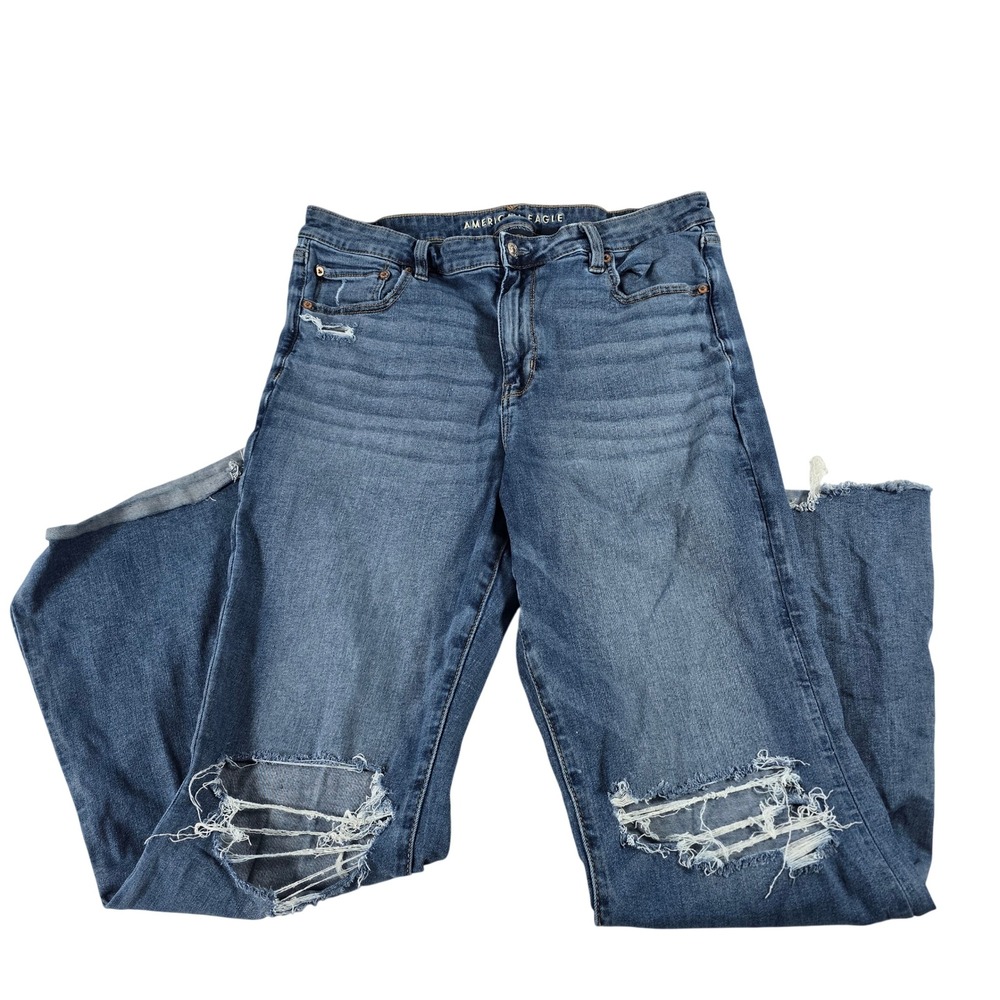 American Eagle Super High Rise Flare Jeans Blue Distressed 16 Regular 13737